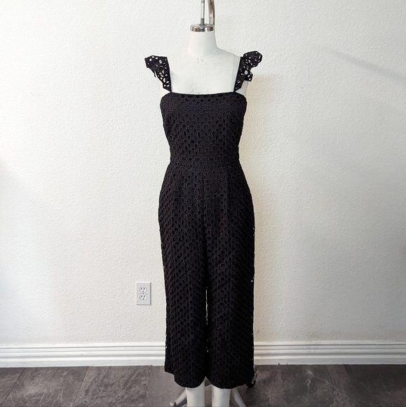 J Crew Eyelet Ruffle Sleeve Wide Leg Cropped Jumpsuit Black 2 preppy summer - Picture 1 of 9